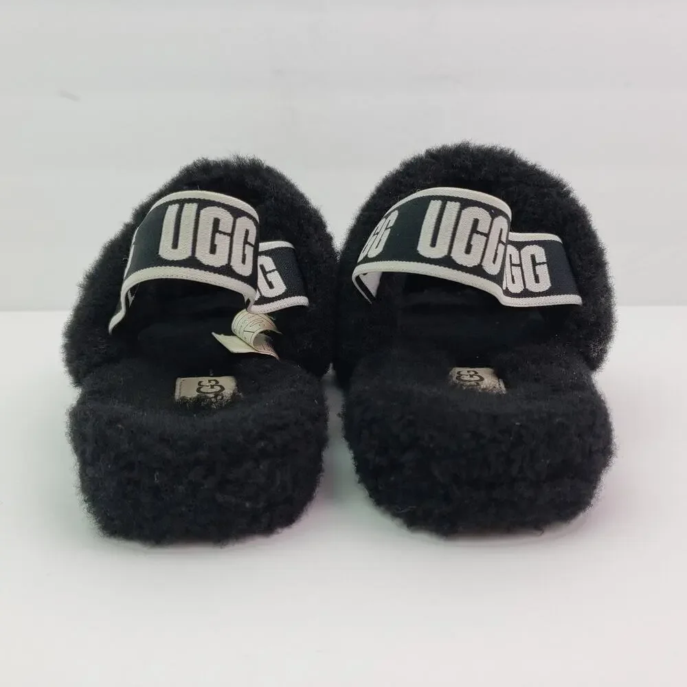 UGG Oh Yeah Girls Size 1Y Black Slip On Fluffy Soft Slipper Sandals 1115752K